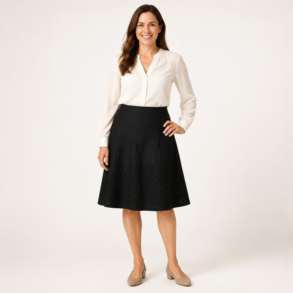 Talbots Black Embroidered Eyelet Pleated A-Line Cotton Skirt 10